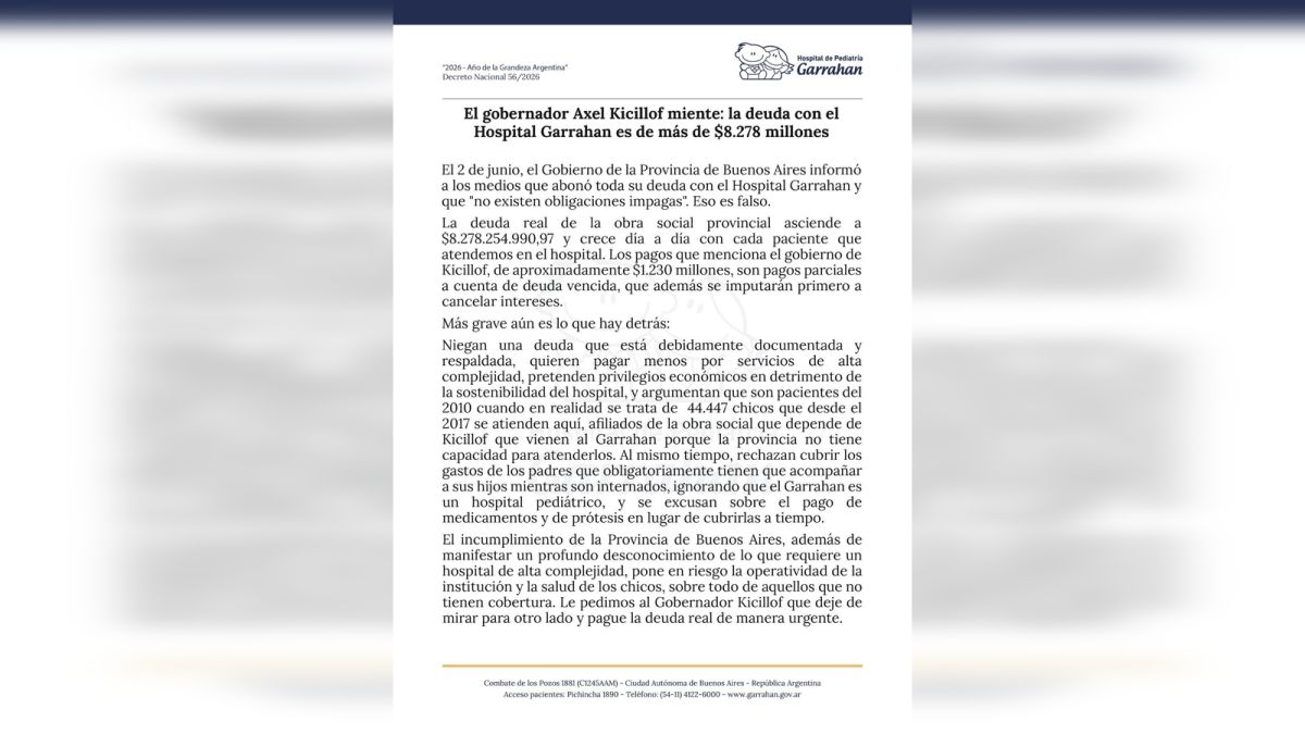 Nación contraataca y le reclama a la Provincia una deuda con el hospital Garrahan