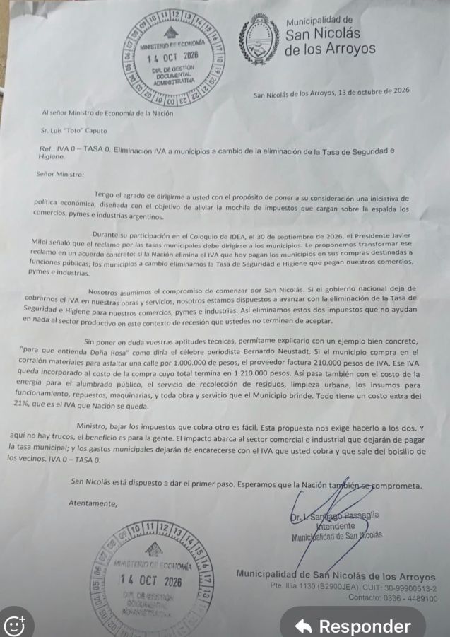 Estimado Toto: intendente mandó una carta al ministro de Economía con una propuesta
