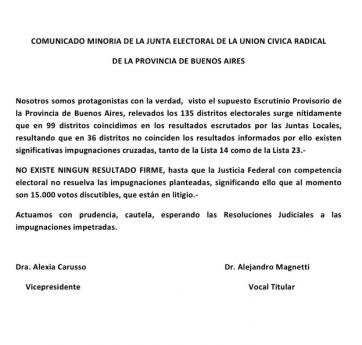 Una parte de la Junta Electoral de la UCR sostiene que no existe ningún resultado firme