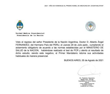 PCR negativo para Alberto, que retoma actividades y podría anunciar nuevo ministro