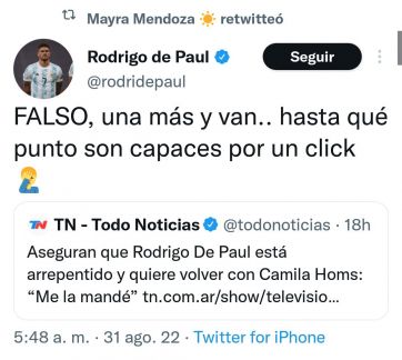 Intendenta de la Tercera apoyó a Rodrigo de Paul en su conflicto amoroso