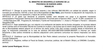 Provincia subsidia a San Pedro para la adquisición de maquinaria agrícola