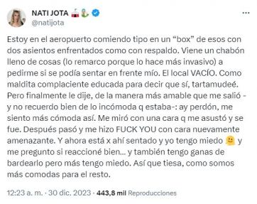 El terror de Nati Jota en el aeropuerto: “Tengo miedo”