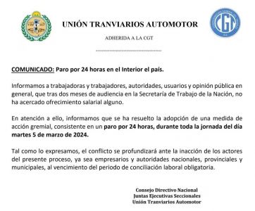 La UTA anunció un paro nacional para el 5 de marzo: ¿impacta en la Provincia?