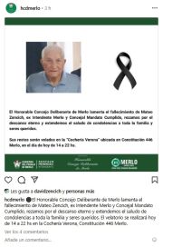Dolor en Merlo por el fallecimiento del exintendente Mateo Zencich