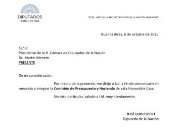 Me voy solito: Espert renunció a la presidencia de la Comisión de Presupuesto de Diputados