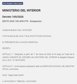 Oficializaron a ex intendente PRO en el ministerio del Interior 