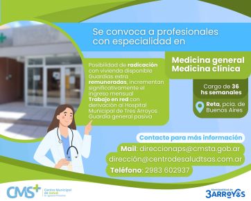 En Tres Arroyos lanzaron una convocatoria abierta a médicos clínicos y generalistas