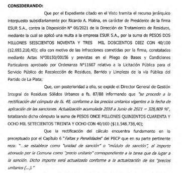 Alak le aplicó una multa millonaria a ESUR por incumplimientos de años anteriores