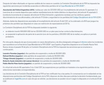 FIFA sancionó a Paredes y Molina por los incidentes en la final