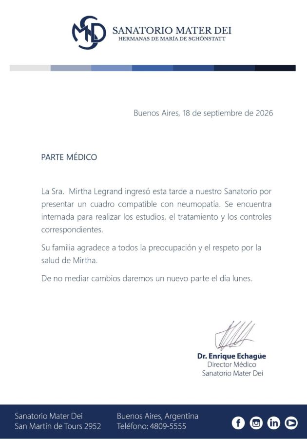 Volvieron a internar a Mirtha Legrand en el sanatorio Mater Dei: qué dice el parte médico