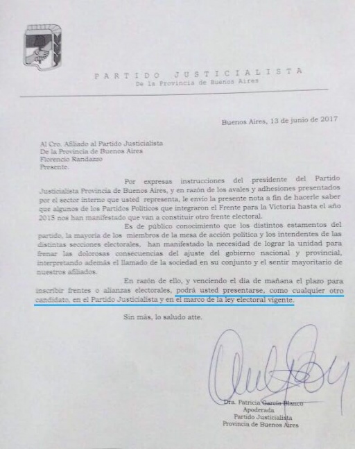 El PJ avisa que no estará en el frente K y habilita a Randazzo a jugar dentro de su estructura