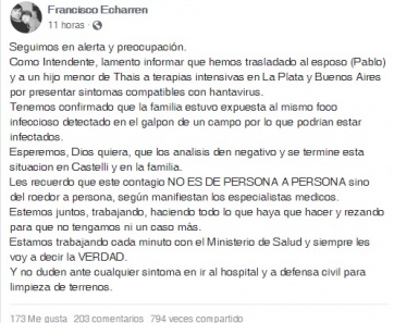 Castelli en alerta: el intendente informó que hay dos posibles casos nuevos de hantavirus
