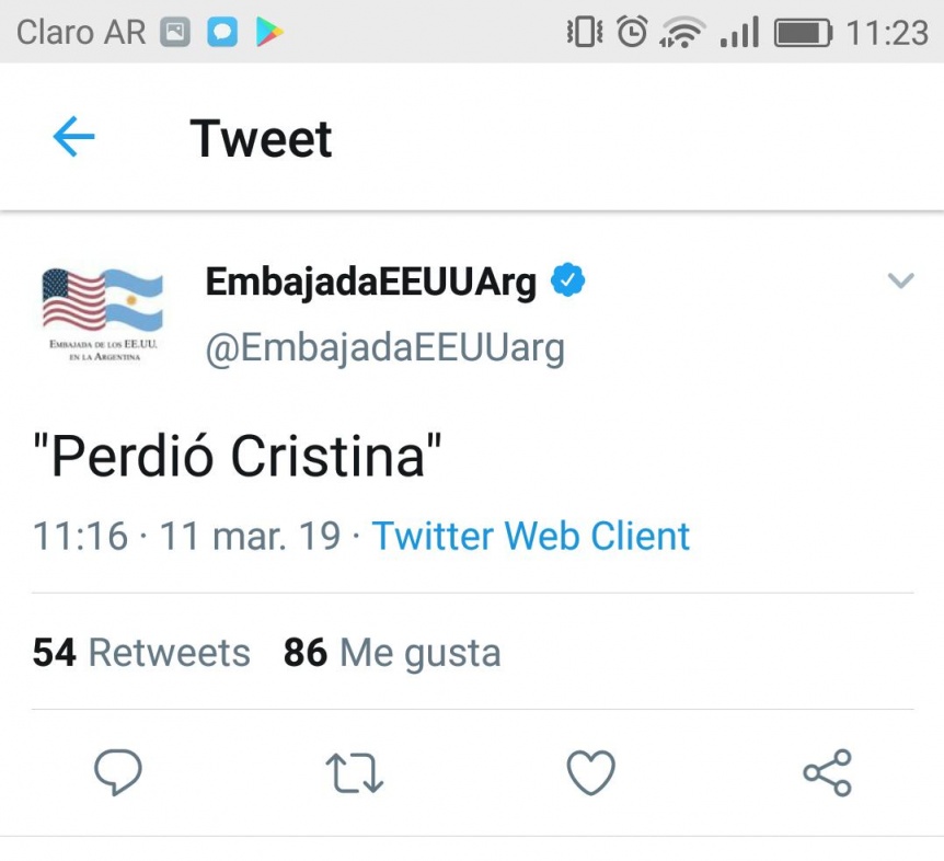 La embajada de EEUU celebró la derrota de CFK en Neuquén y luego se retractó
